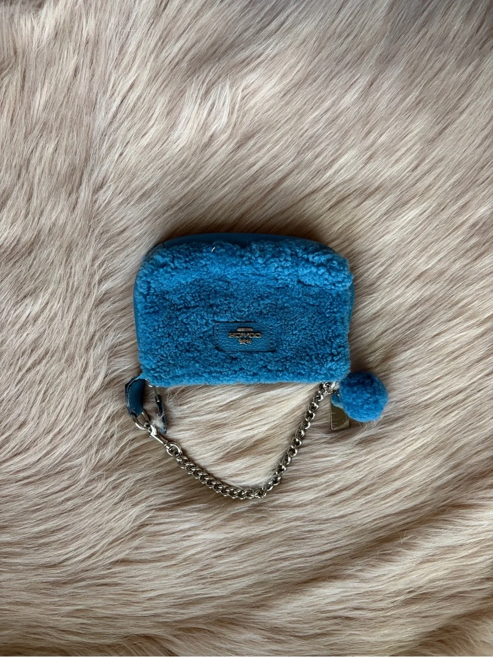 Coach Teal Blue Shearling Wristlet with Chain and Pom